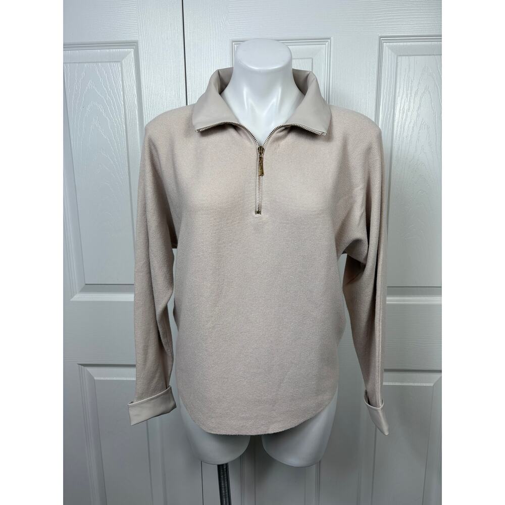 Sioni Milano Beige Long Sleeve Women's Knit Sweater Size M Quarter Zip Pullover